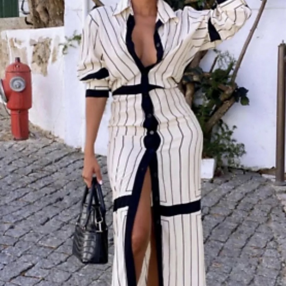 NWT ZARA Ecru Striped Shirt Dress Size Small- Off white with black